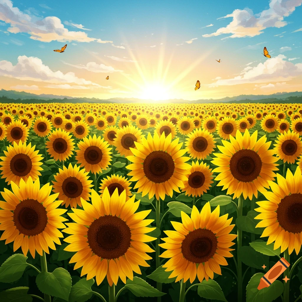 A vibrant field of sunflowers stretches under a bright blue sky with a glowing sun and scattered butterflies.