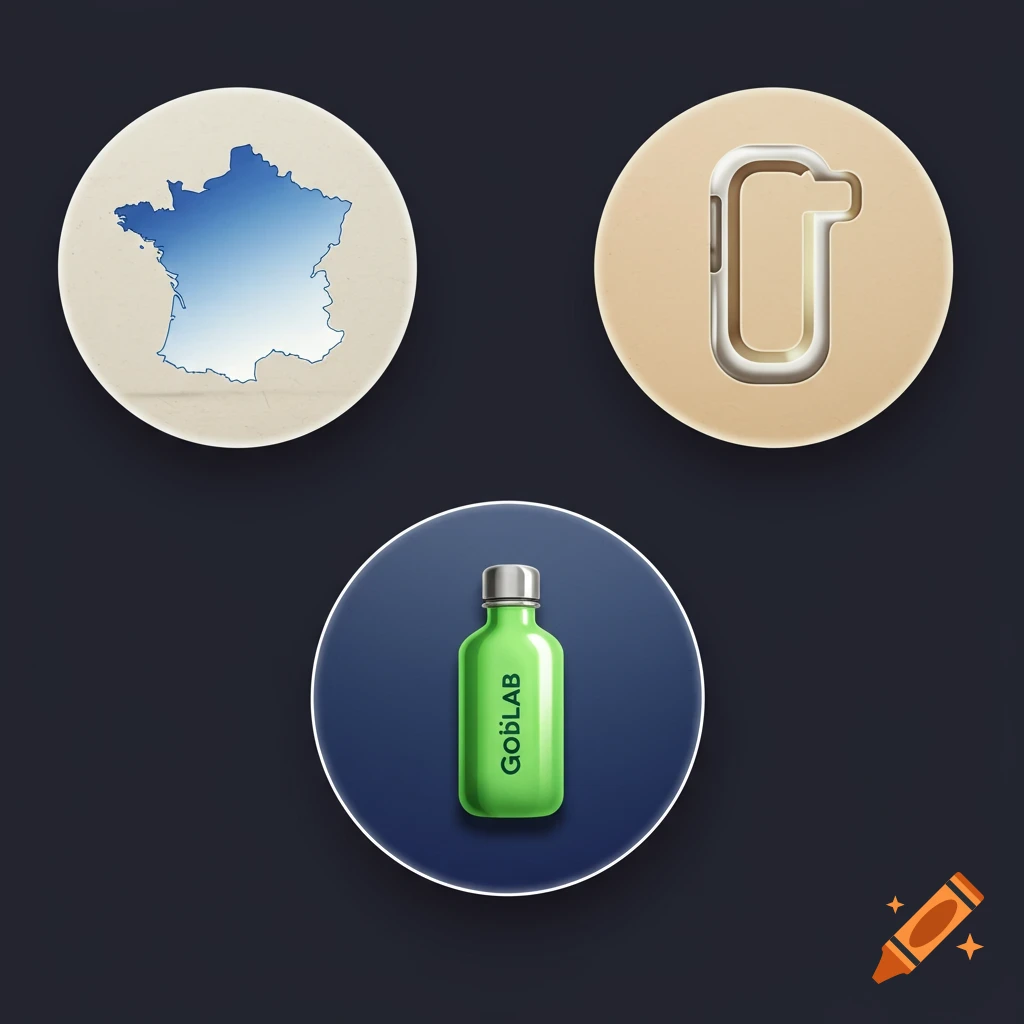 Three circular icons on a dark background. One shows a blue map of France, another a beige abstract shape, and the third a green bottle labeled 'GobLAB'.