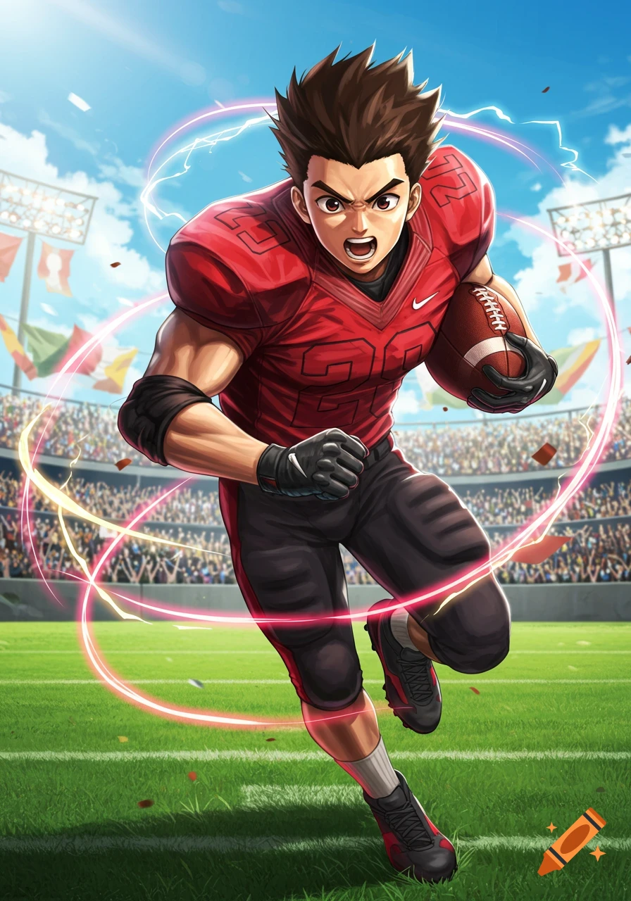 Anime football player in a red jersey with "NIKE" logo and "25" number, running with a football in a stadium.