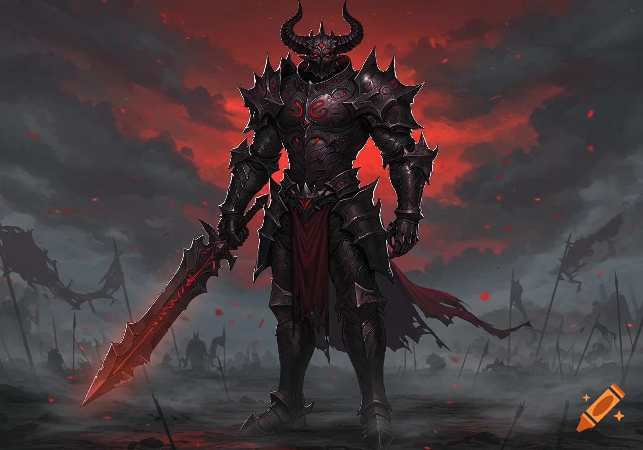 A heavily armored war demon stands with a glowing red sword against a red and gray battlefield sky with flags.