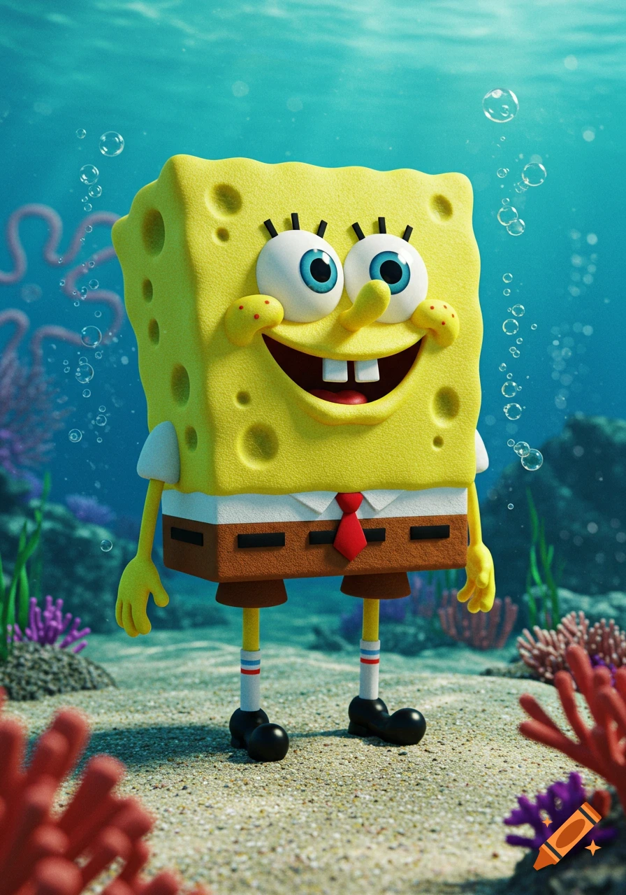 A very realistic 3D render of SpongeBob SquarePants smiling underwater, surrounded by coral and bubbles.