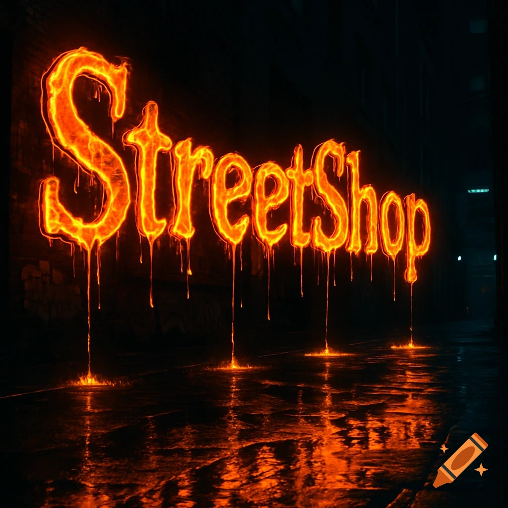 The word StreetShop is rendered in fiery, molten letters, dripping onto a wet, dark street at night, with glowing reflections.