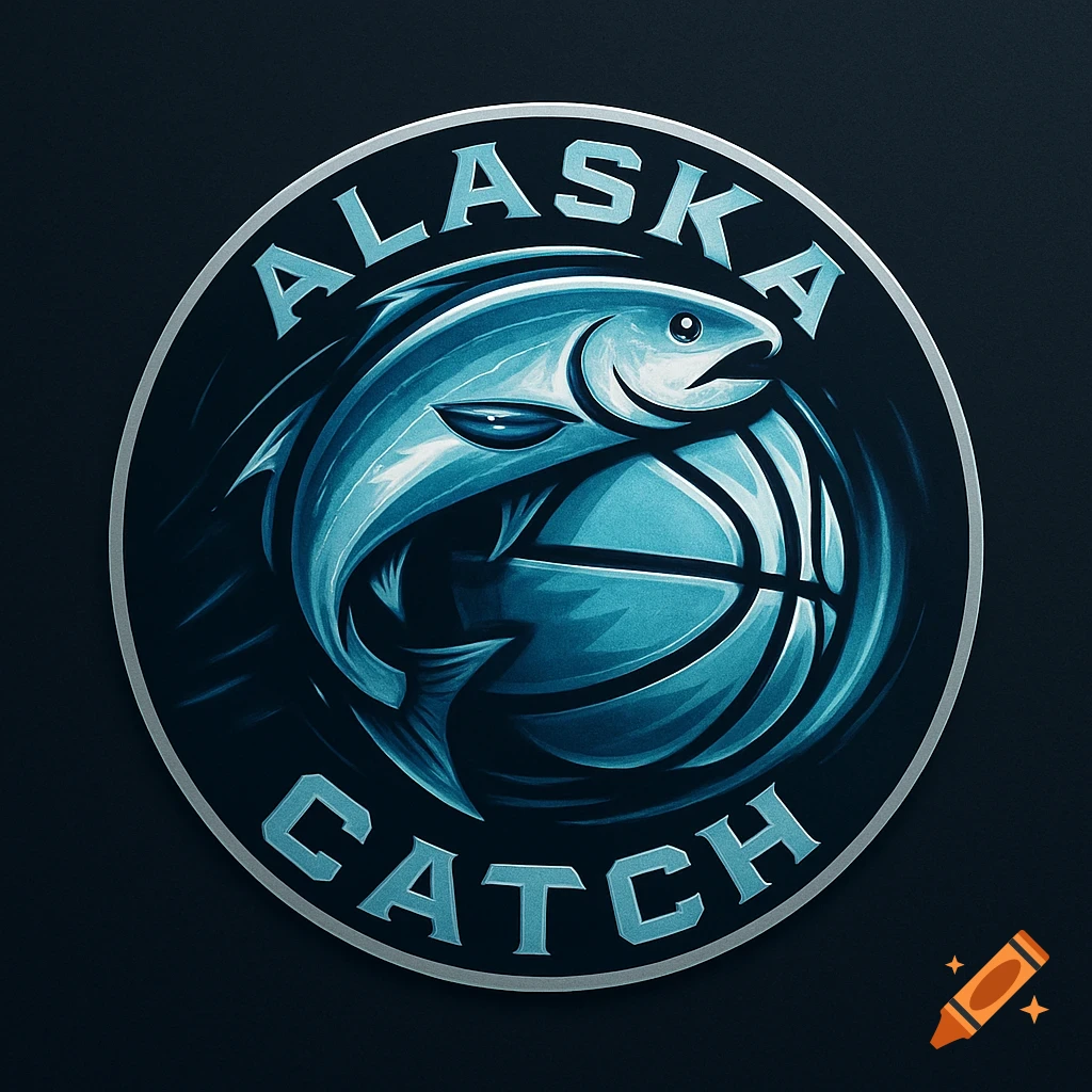 A circular basketball team logo for 'Alaska Catch' featuring a blue fish wrapped around a basketball.
