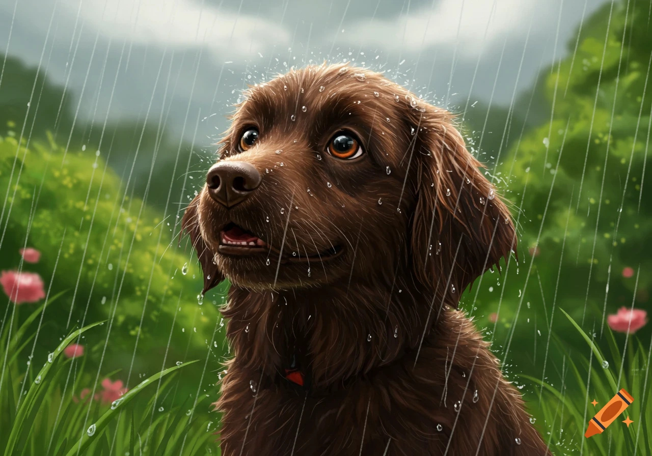 A brown dog with wet fur stands in green grass under falling rain, looking up with wide eyes.