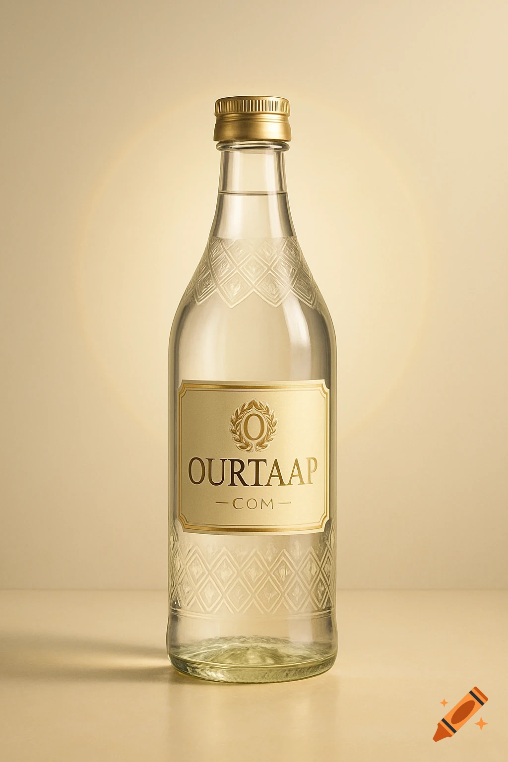 A clear glass bottle of 'OURTAAP -COM-' branded water with a gold cap, against a warm, light background.