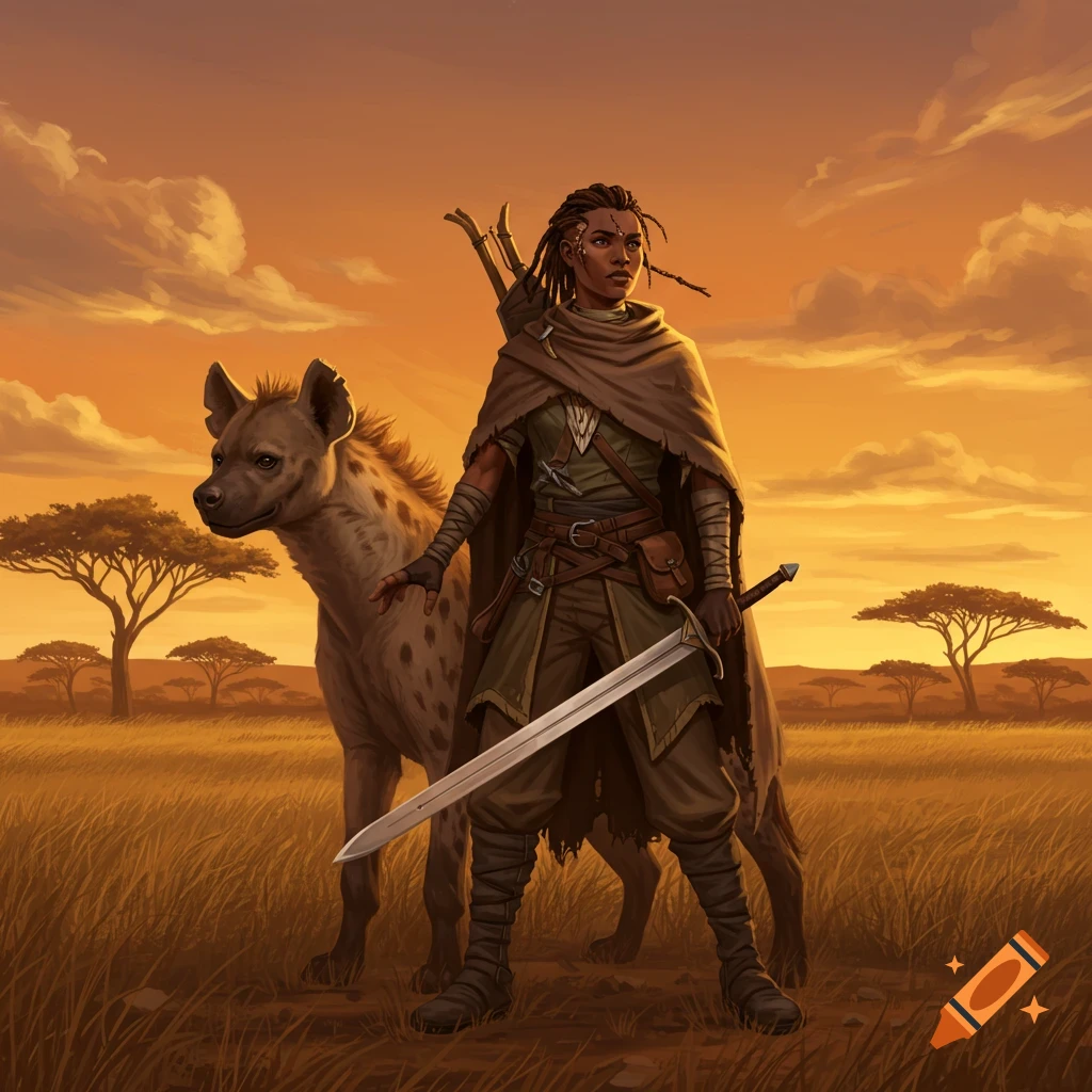 A human ranger with dreadlocks and a cloak stands with a hyena companion in a golden savanna at sunset, holding a sword.
