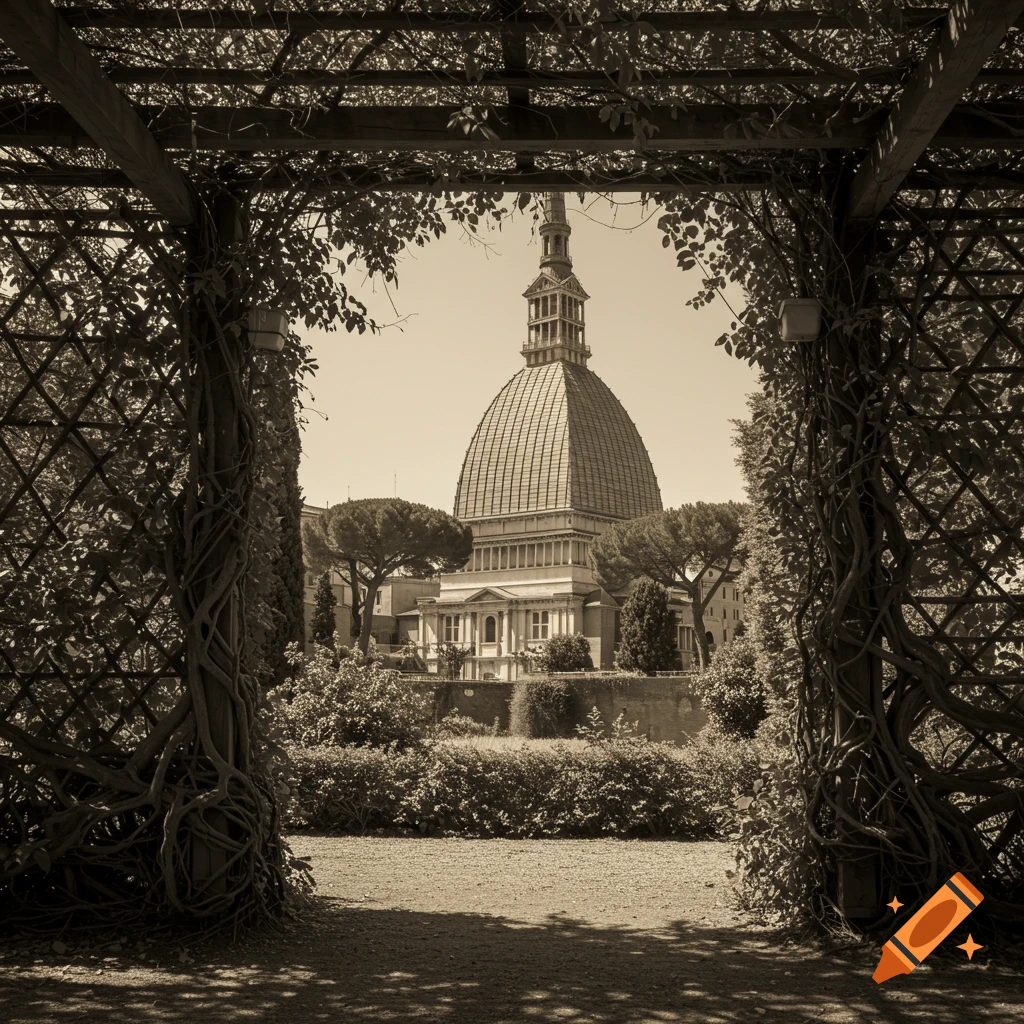 Sepia-toned photograph of the Mole Antonelliana through a leafy wooden pergola in a garden, evoking a timeless atmosphere.