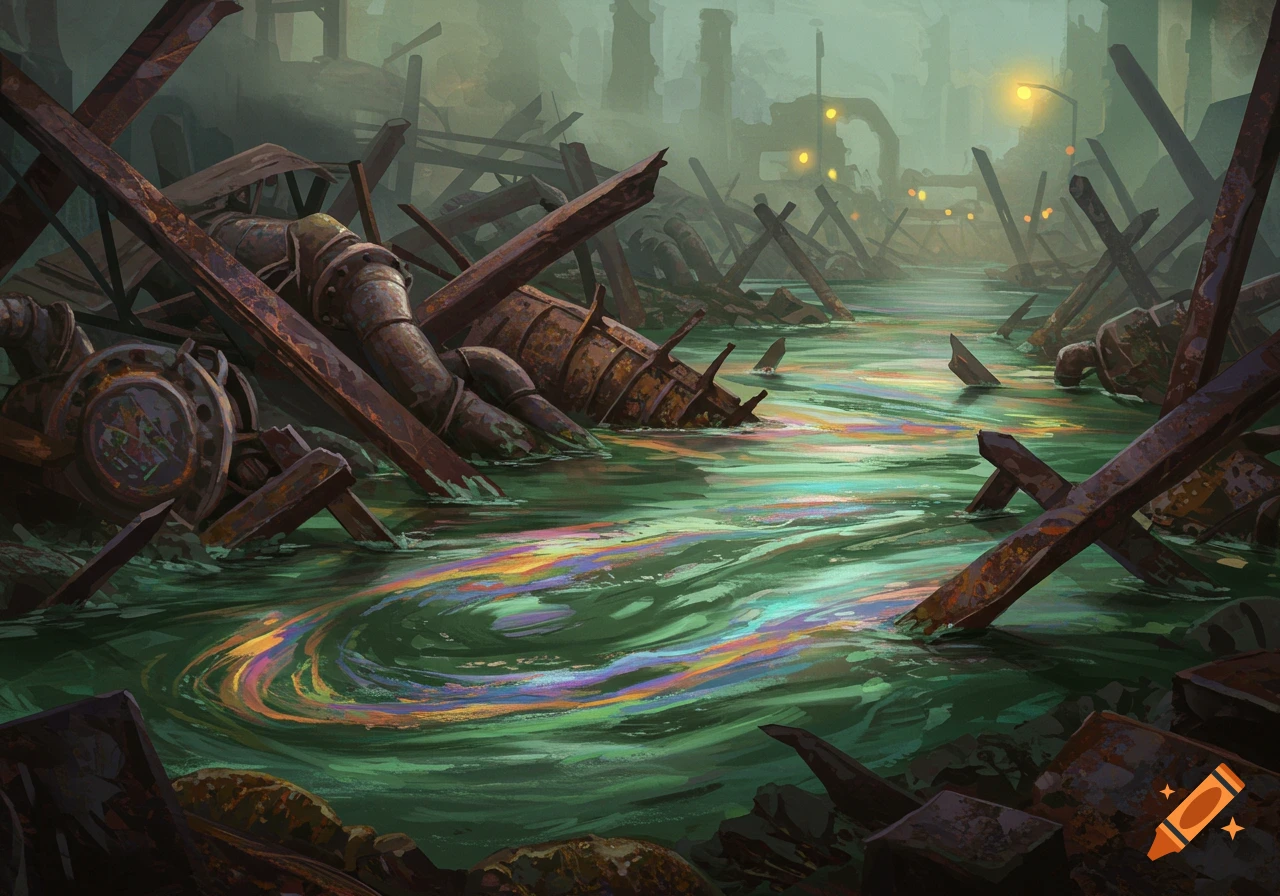 A murky green river with a rainbow oil slick flowing through a dystopian landscape filled with rusted scrap metal and decaying industrial structures.