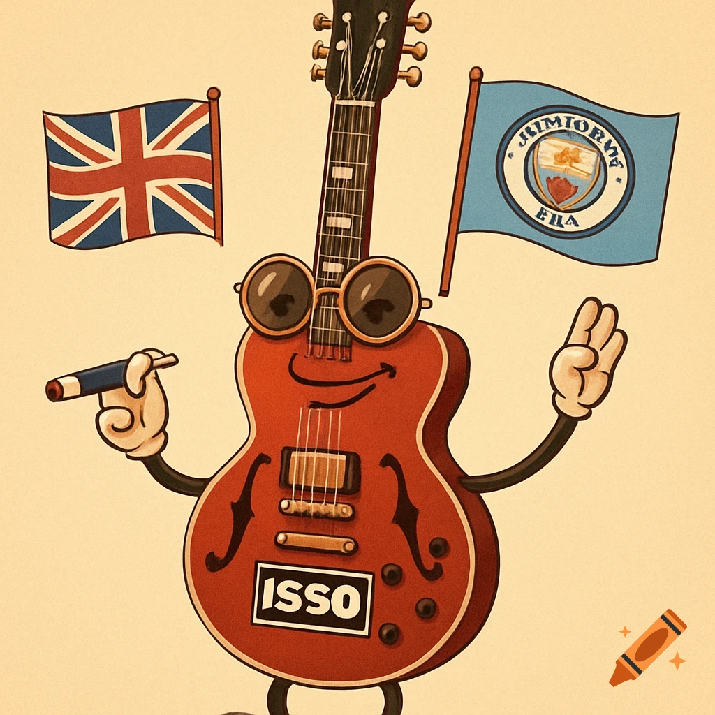 A cartoon red Les Paul guitar with sunglasses, holding a Union Jack and a Manchester City flag, with "ISSO" on its body.