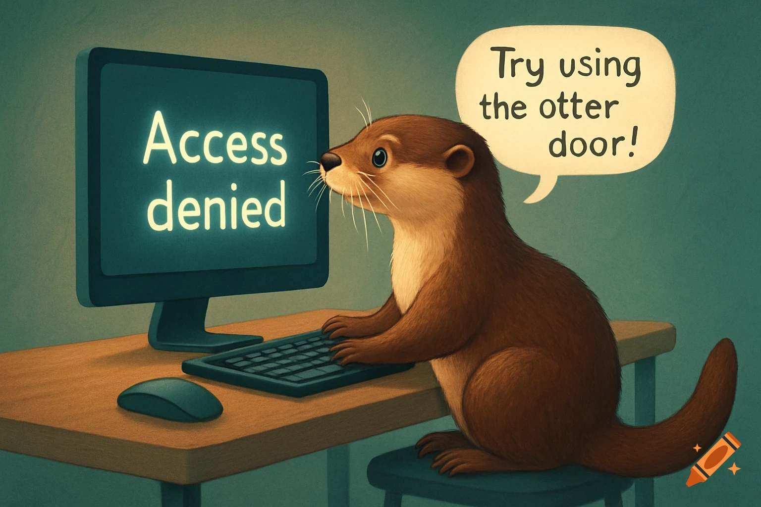 A cartoon otter sits at a computer, with "Access denied" on the screen and a speech bubble saying "Try using the otter door!"