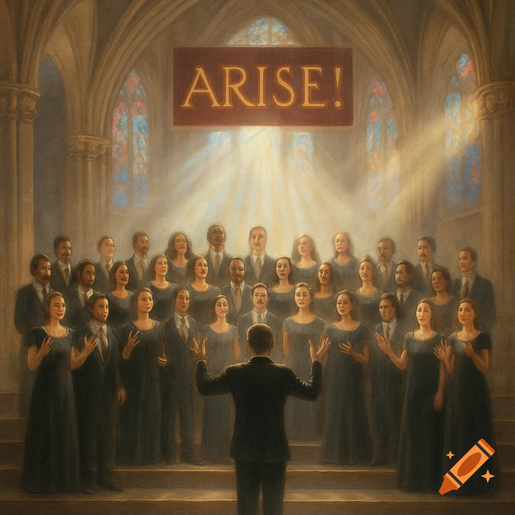 A large choir performs in a grand church, illuminated by divine light, under a banner reading 'ARISE!'. Painterly.