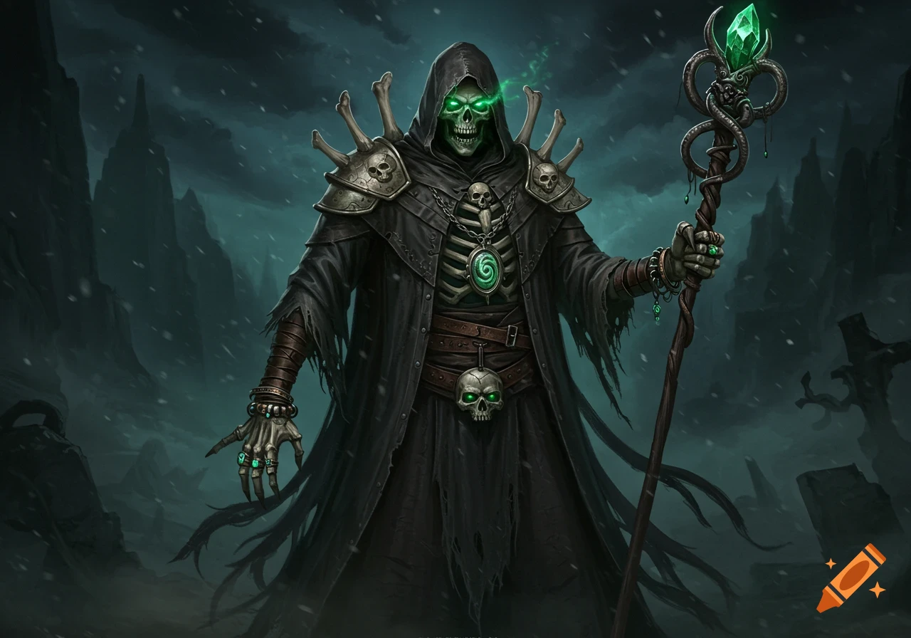 A dark fantasy illustration of a lich in a black hooded duster with glowing green eyes, holding a staff topped with a green crystal, in a snowy, desolate landscape.