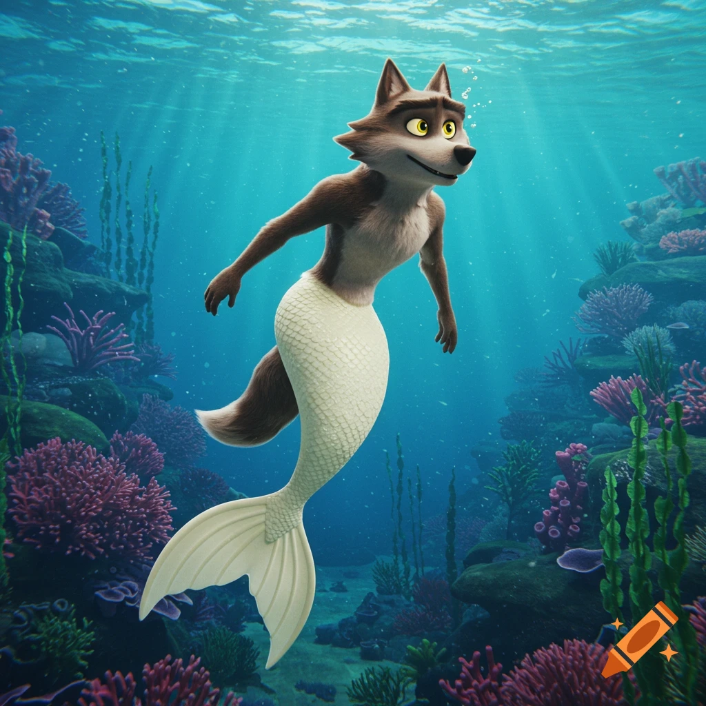 A 3D animated Mr. Wolf with brown fur and a cream-white mermaid tail swims underwater amidst colorful coral.