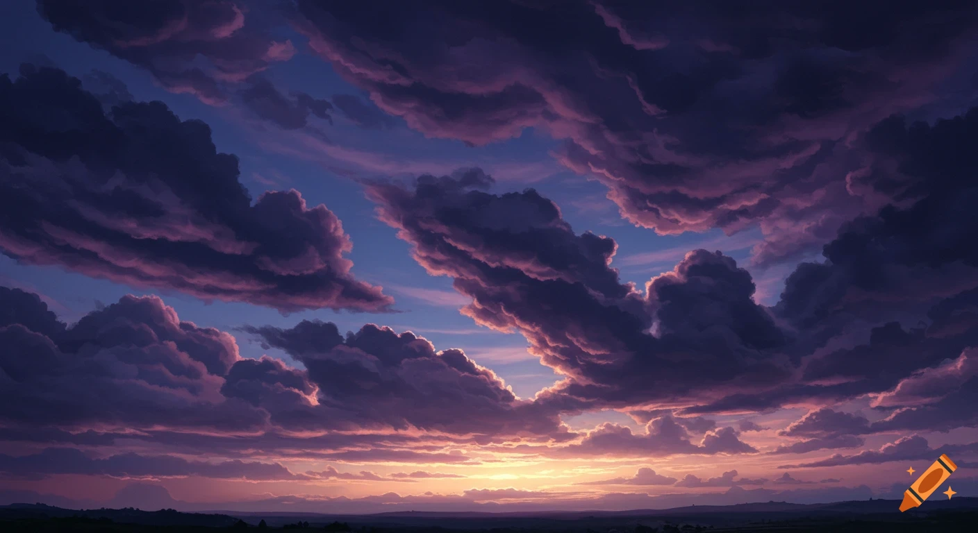 A dramatic, illustrated sunset sky with dark purple and blue clouds above a dark landscape silhouette.