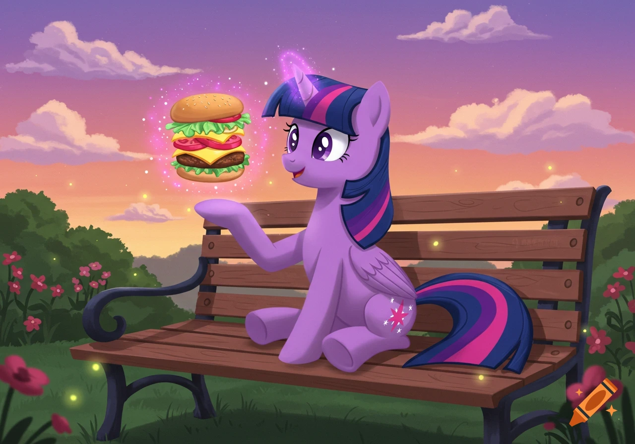 Twilight Sparkle sits on a park bench, magically levitating a burger against a colorful sunset sky.