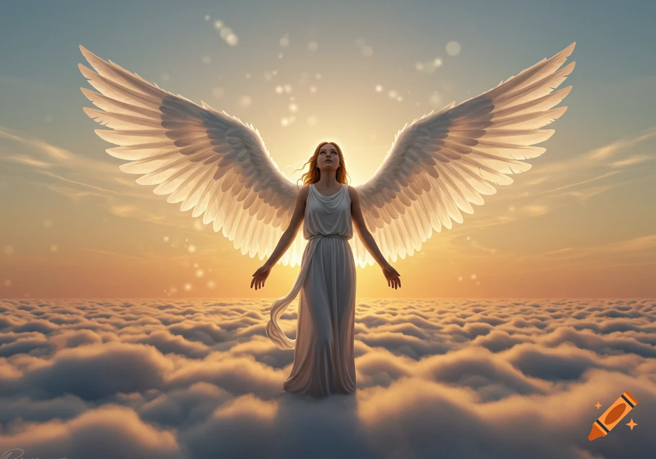 A majestic angel with large white wings stands above clouds, looking up at a glowing sunset sky.