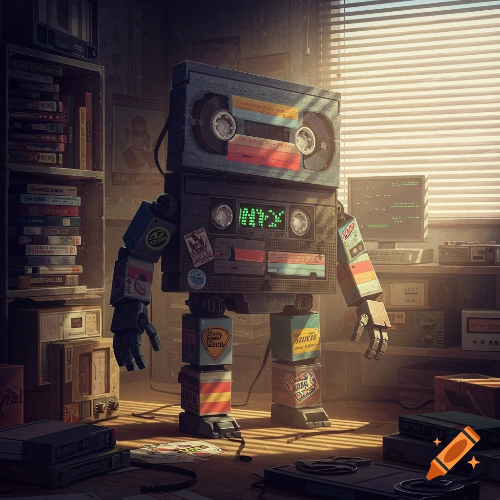 A robot made of VHS tapes stands in a dimly lit, cluttered room with shelves, a computer, and blinds, in a retro style.