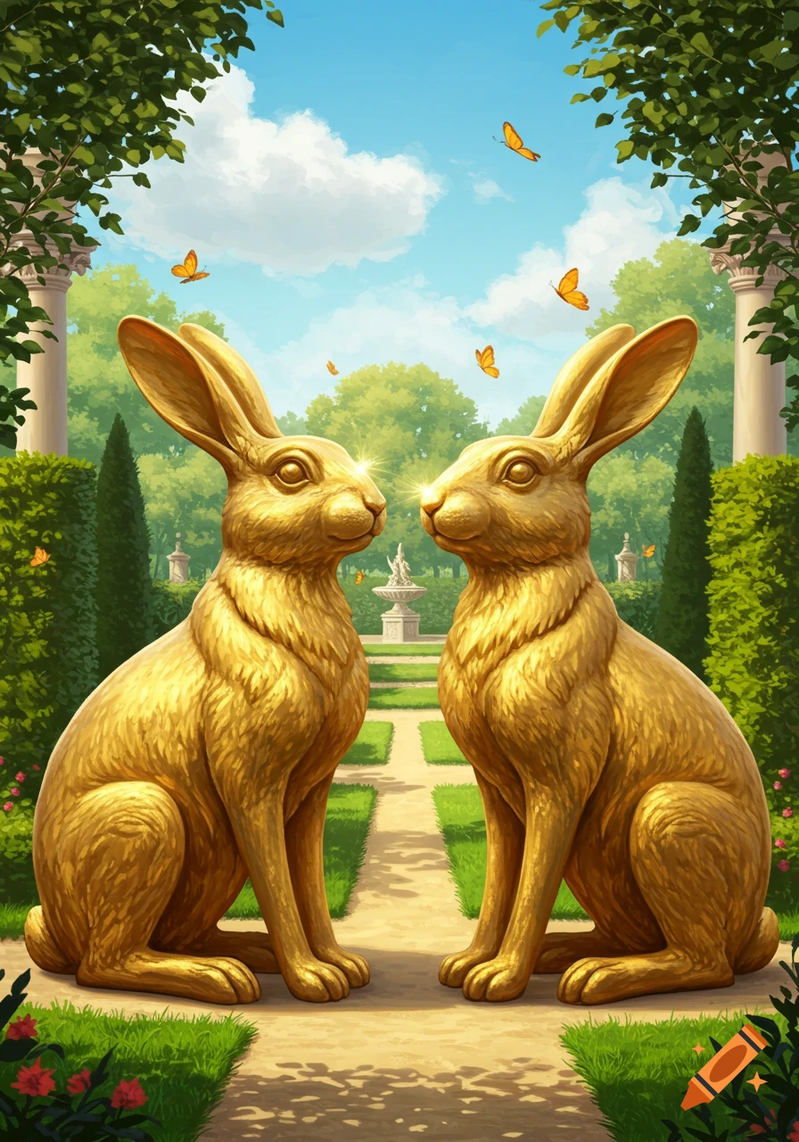 Two golden rabbit statues in a symmetrical green garden with a path, fountain, and butterflies under a blue sky.