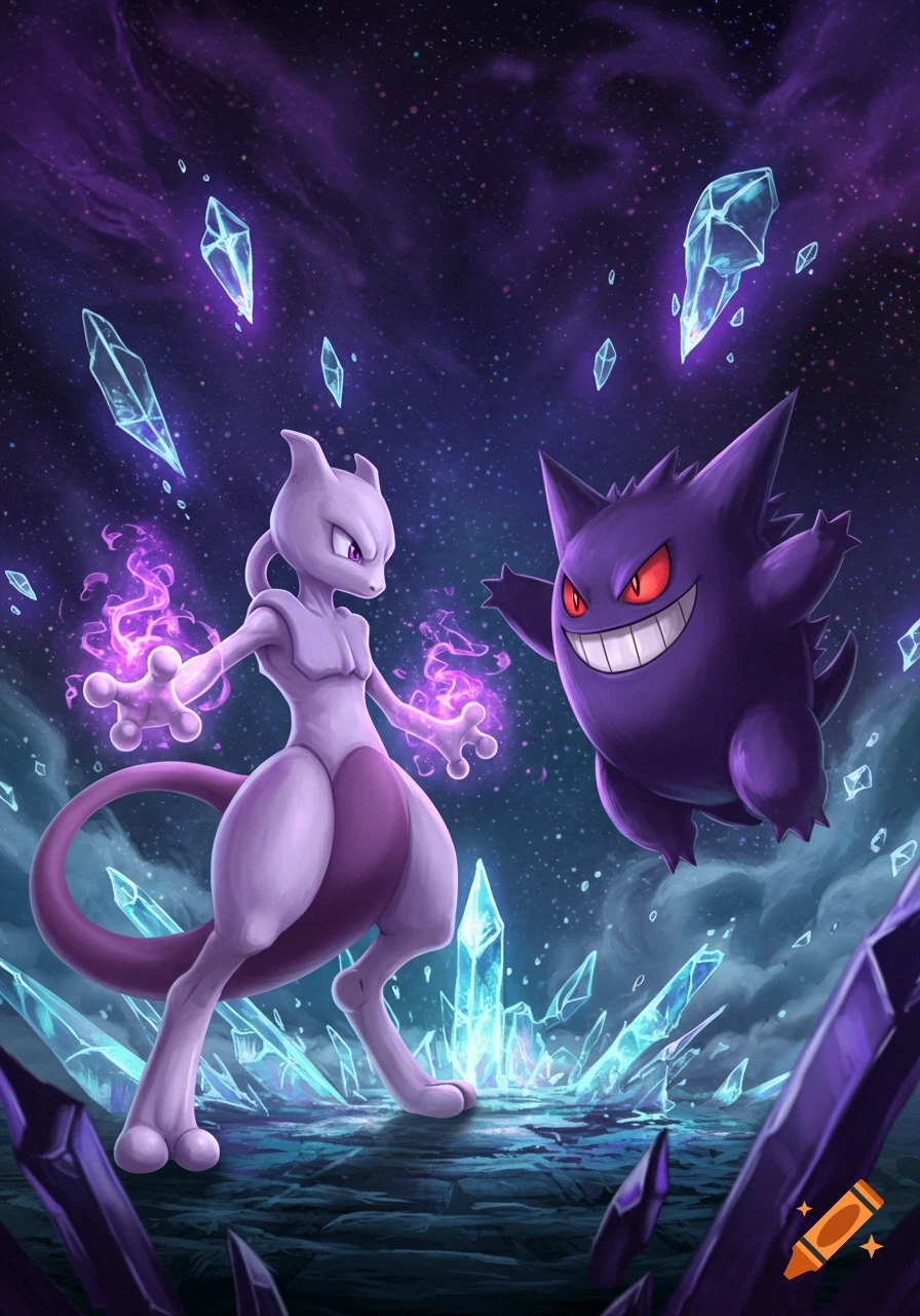 Mewtwo and Gengar face off in a cosmic battle scene with glowing purple energy and blue crystals.