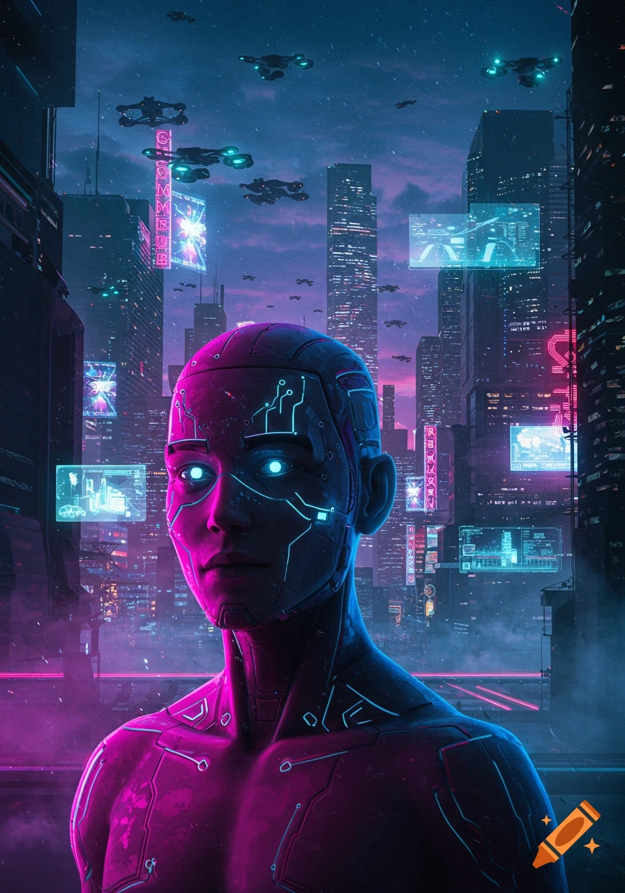 A cyberpunk android with glowing blue eyes stands in a futuristic city with neon lights, towering skyscrapers, and flying vehicles against a purple and blue sky.