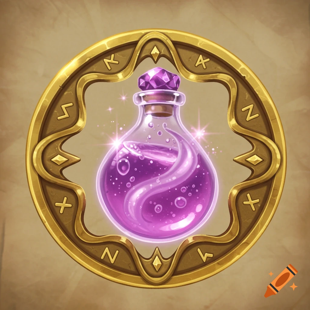 A fantasy token featuring a glowing purple potion bottle with a crystal stopper, encircled by an ornate gold frame with runes.