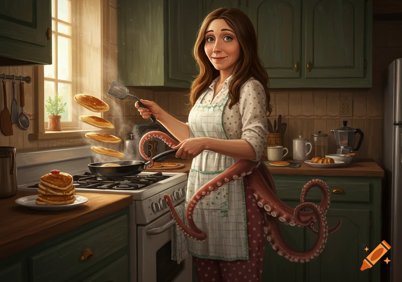 A smiling woman with brown hair and blue eyes, wearing an apron and polka dot pants, has octopus tentacles instead of legs. She flips pancakes in a kitchen, with a stack of pancakes on a plate. Realistic illustration.