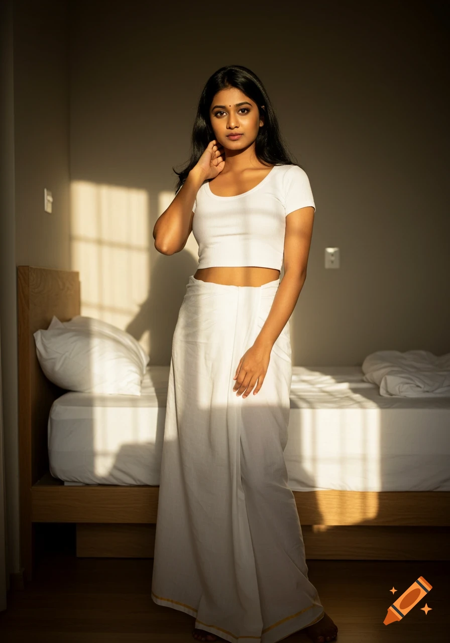 Photorealistic portrait of a young Tamil woman in white traditional attire, posing in a sunlit bedroom.