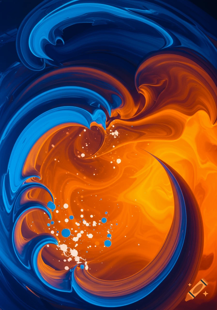 Abstract painting with swirling blue and orange colors, accented with white and blue splatters.