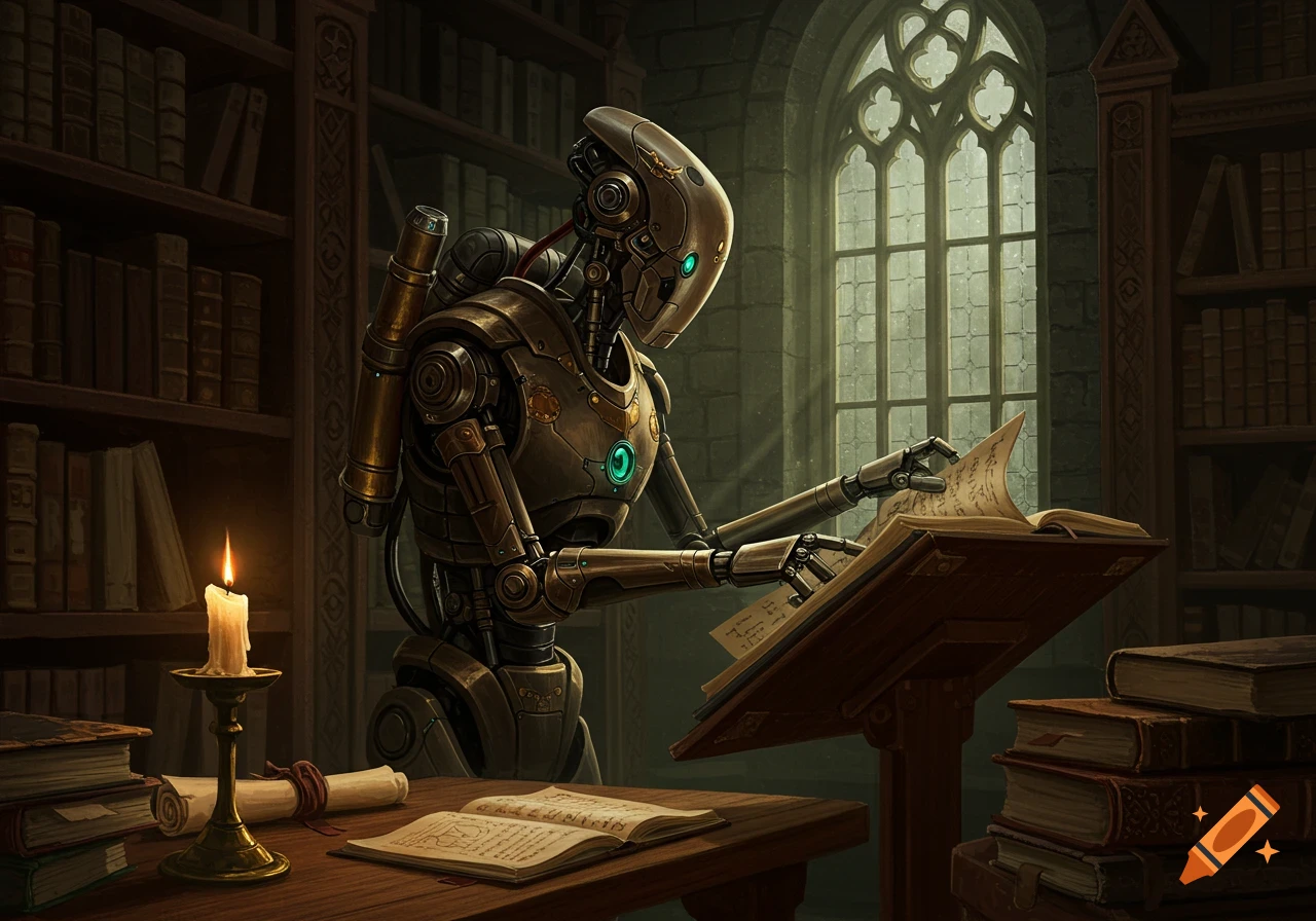 A steampunk robot studies an open book at a lectern in a dimly lit, gothic library, illuminated by candlelight.