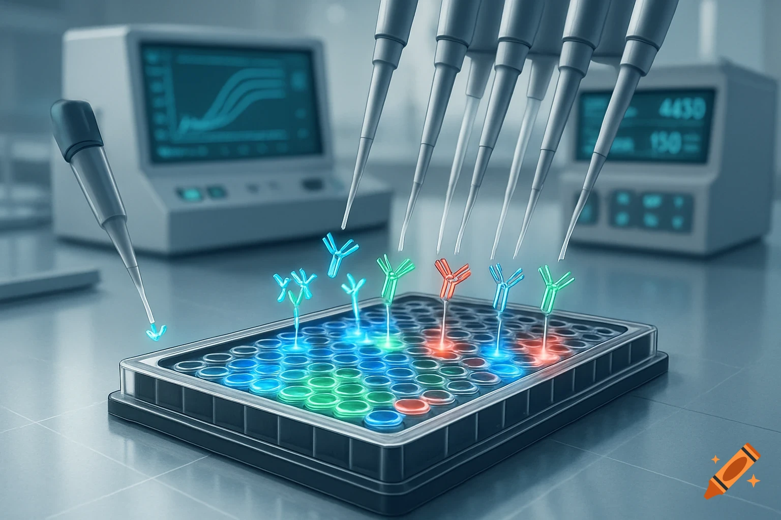 Multiple pipettes dispensing glowing molecules into a microtiter plate in a high-tech science laboratory.
