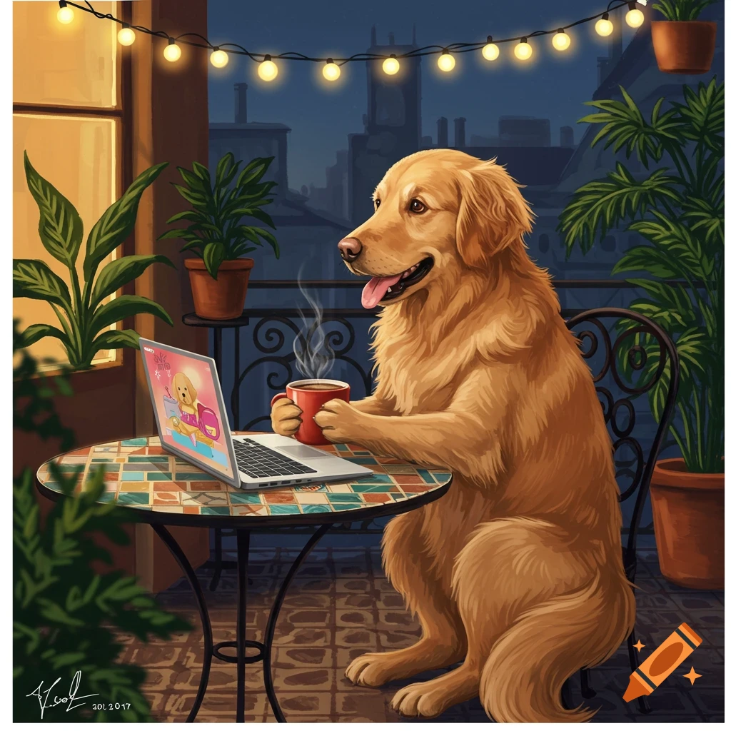 An illustration of a golden retriever on a balcony at night, using a laptop and drinking coffee, surrounded by plants and string lights.