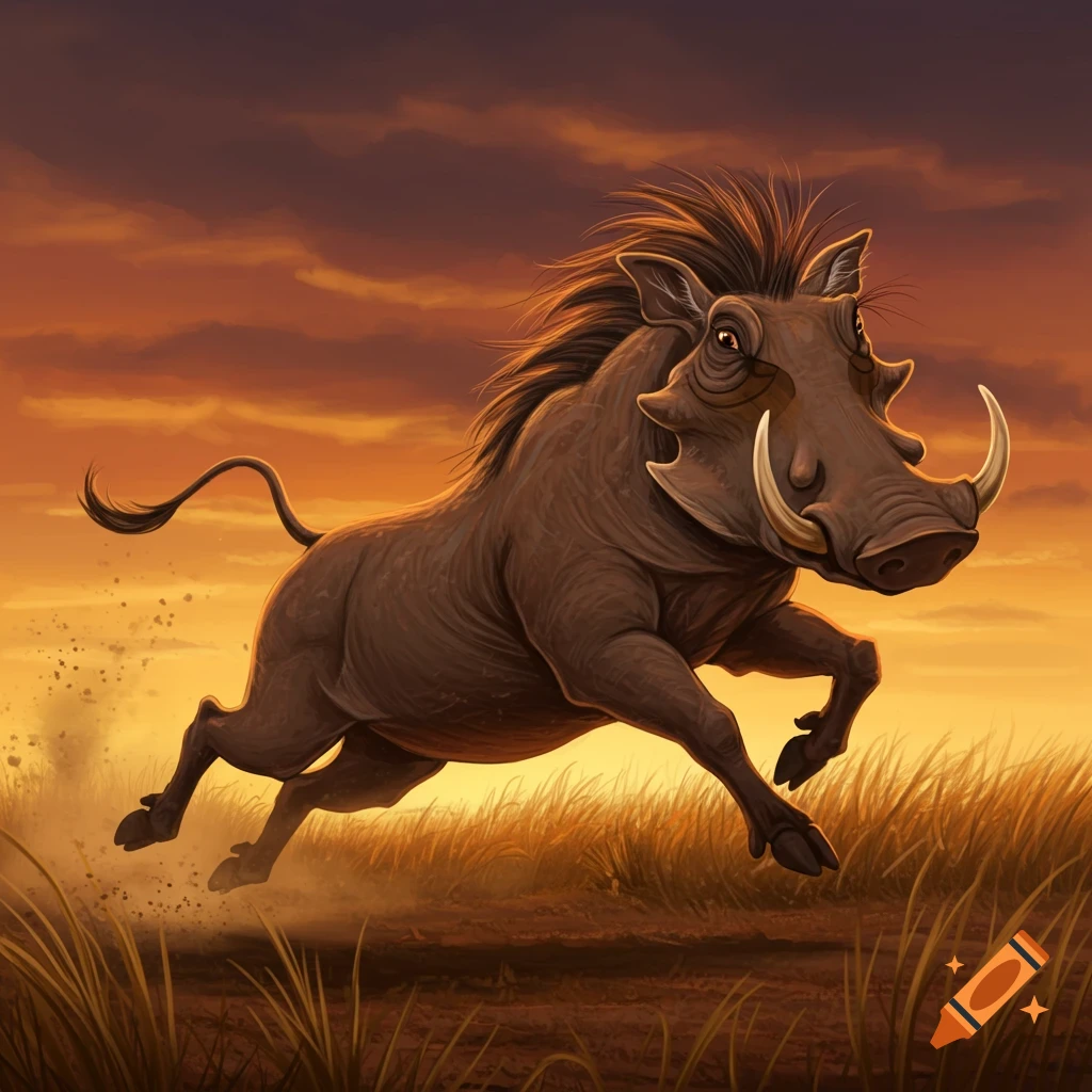 A cartoon-style African warthog with tusks runs across a grassy savanna at sunset, kicking up dirt.