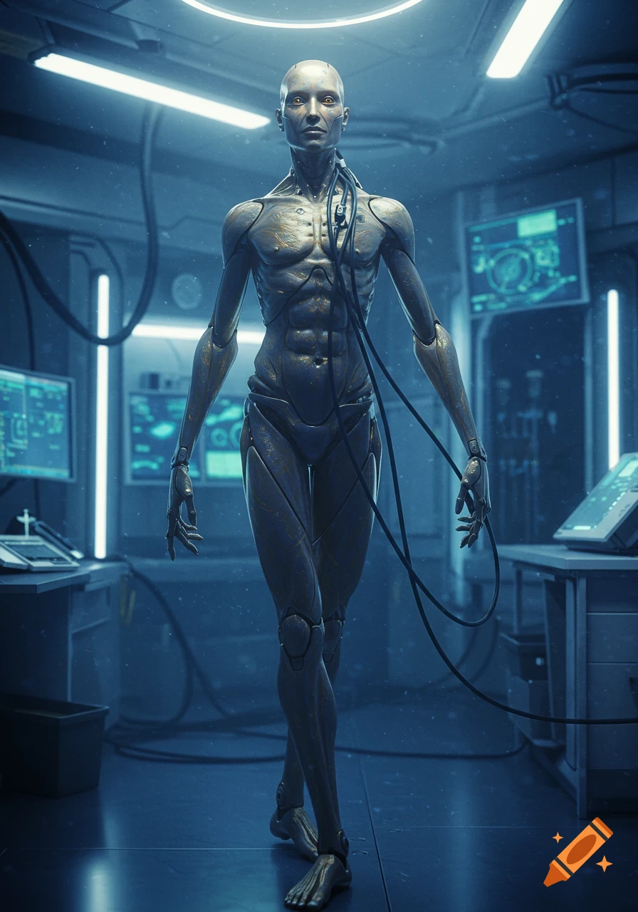 An androgynous humanoid robot stands connected by wires in a glowing futuristic laboratory, with screens in the background.