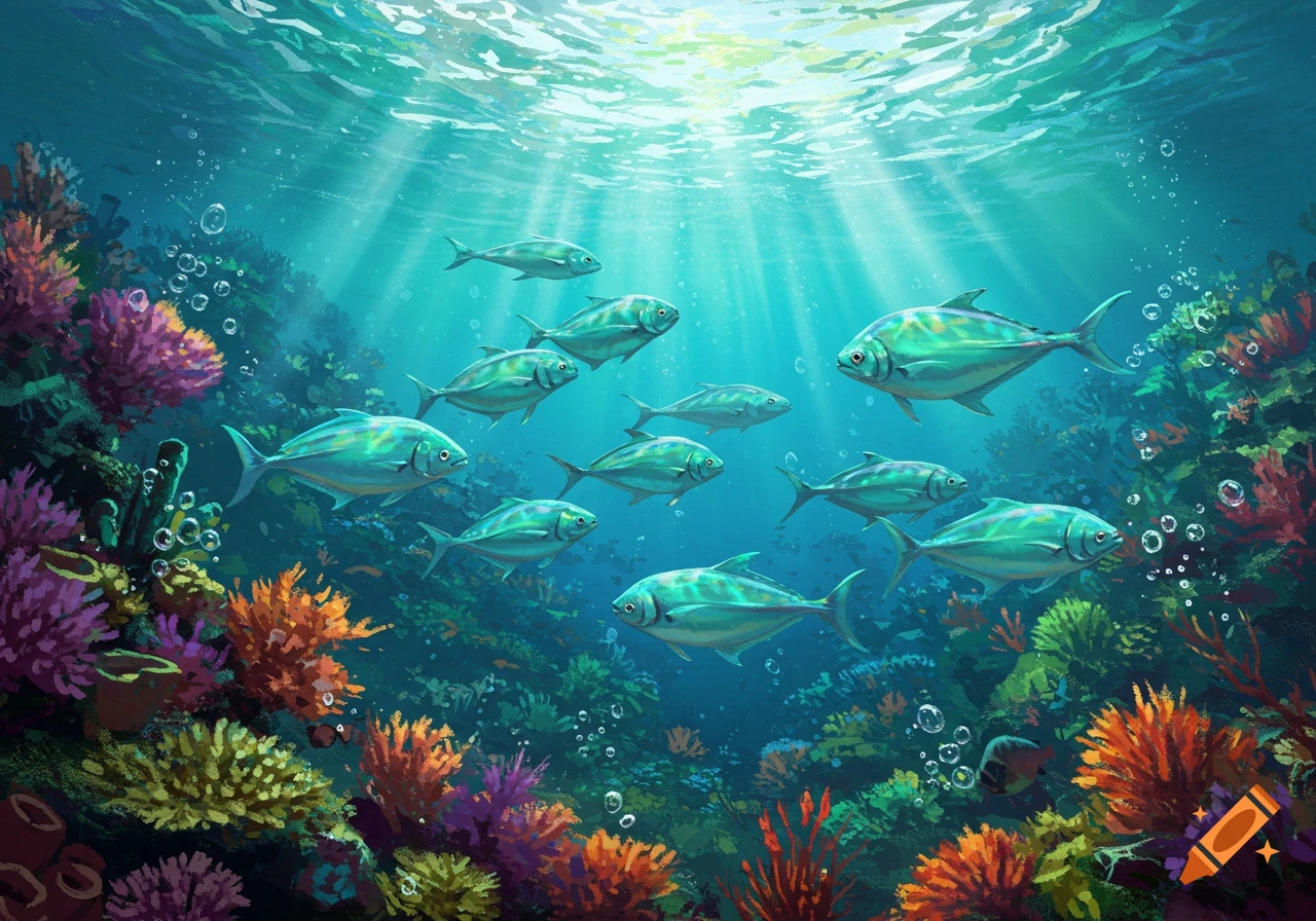 A school of shimmering turquoise fish swims through a vibrant underwater coral reef, illuminated by sunbeams from the surface.