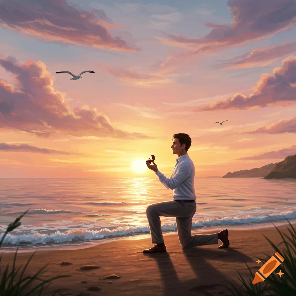A man kneels on a sandy beach, holding an open ring box at sunset, with seagulls flying over the ocean.