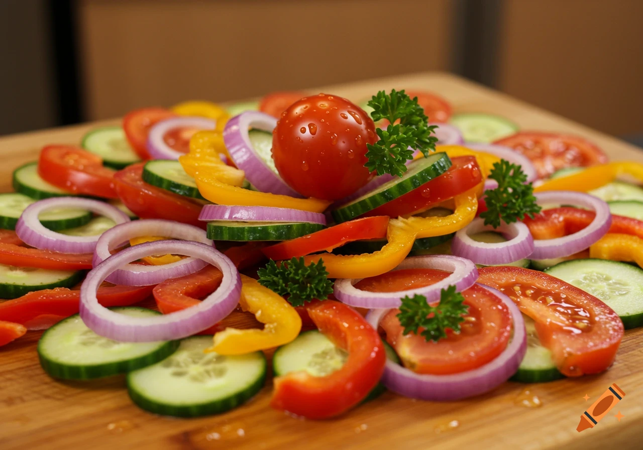 Close-up of vibrant, photorealistic vegetable art featuring sliced tomatoes, cucumbers, red onions, bell peppers, and parsley on a wooden board.