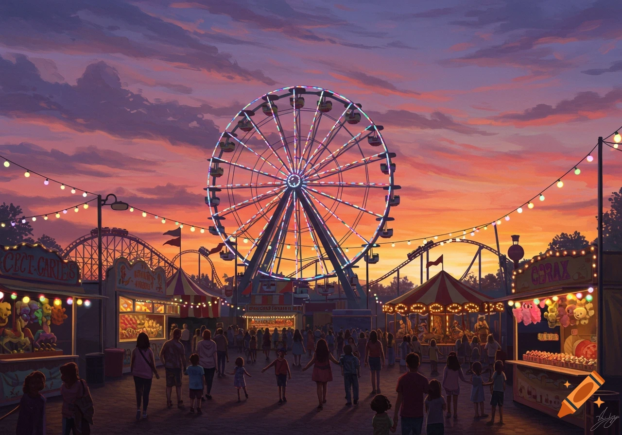 A vibrant illustration of a bustling amusement park at sunset, with a Ferris wheel, roller coasters, and crowds.