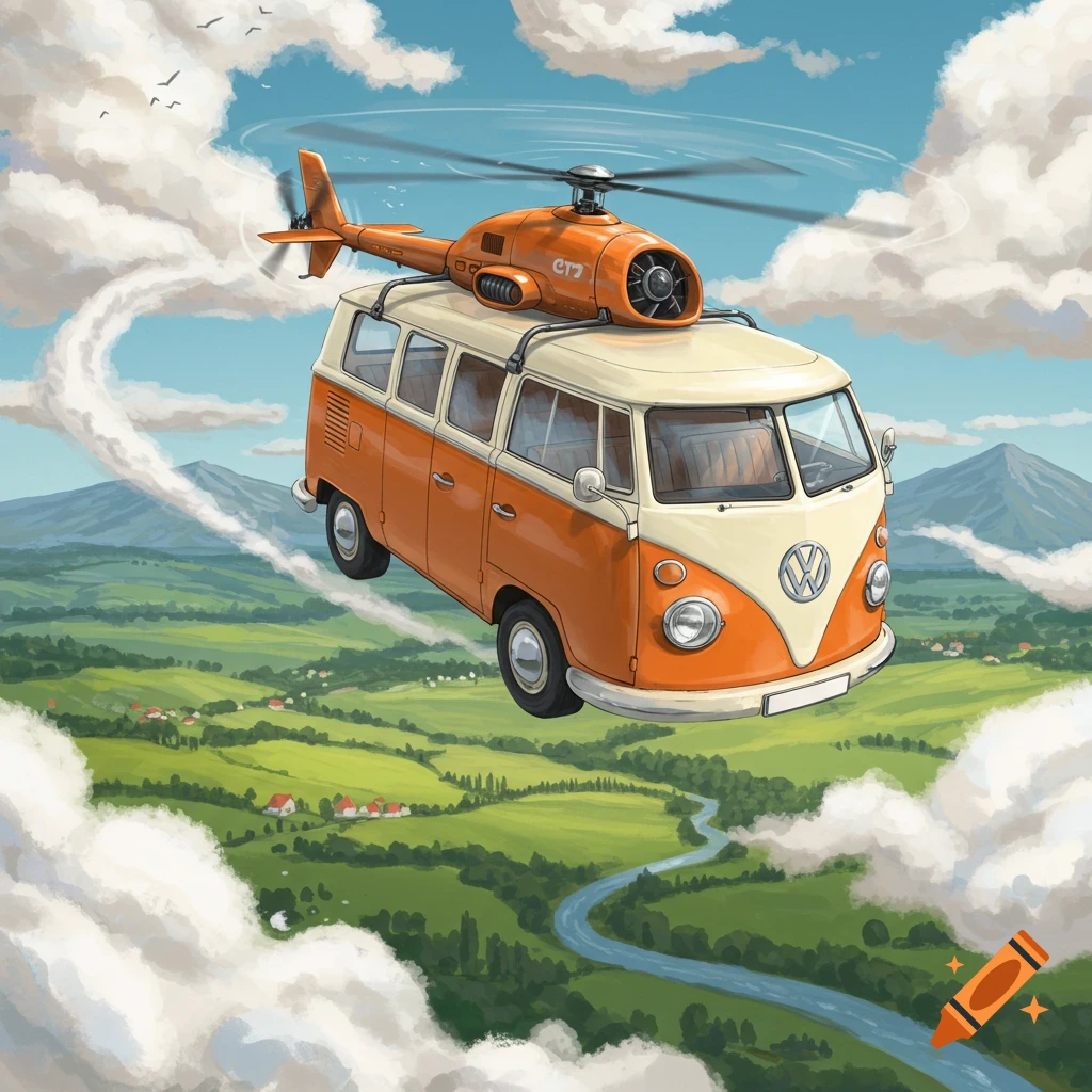 An orange and white Volkswagen microbus with a helicopter rotor and tail flies through a cloudy sky over a green landscape, illustration.