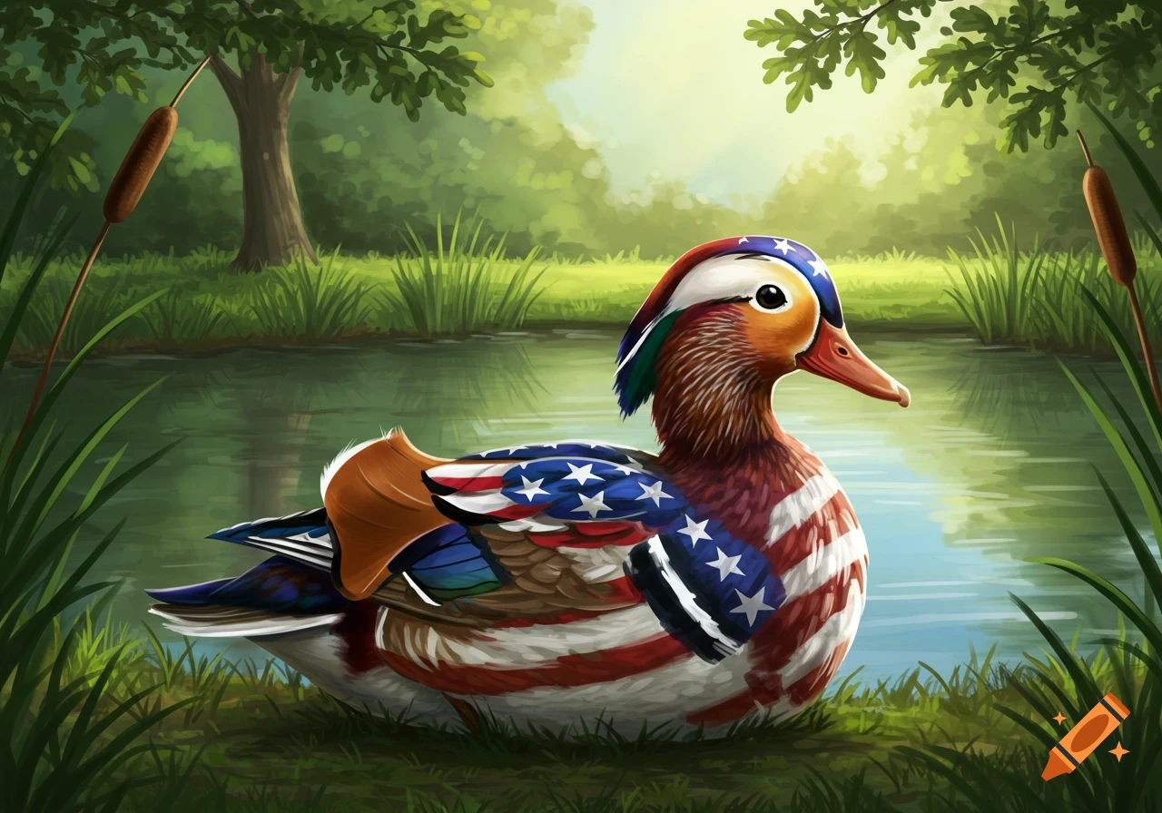 A colorful mandarin duck adorned with an American flag pattern sits by a pond in a forest illustration.
