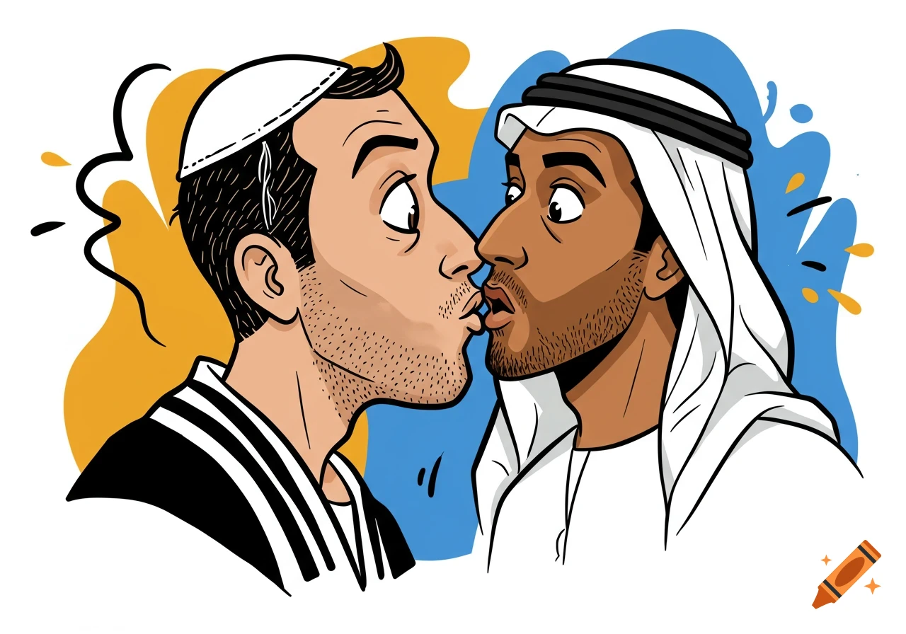 A cartoon caricature shows a man in a white kippah kissing a man in a white keffiyeh, with surprised expressions.