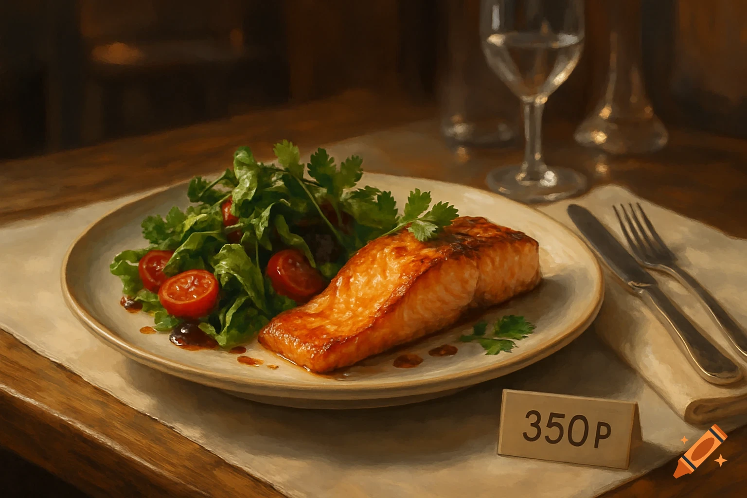 A plate of grilled salmon with a side salad of greens and cherry tomatoes, served on a table with cutlery and a price tag of 350P.