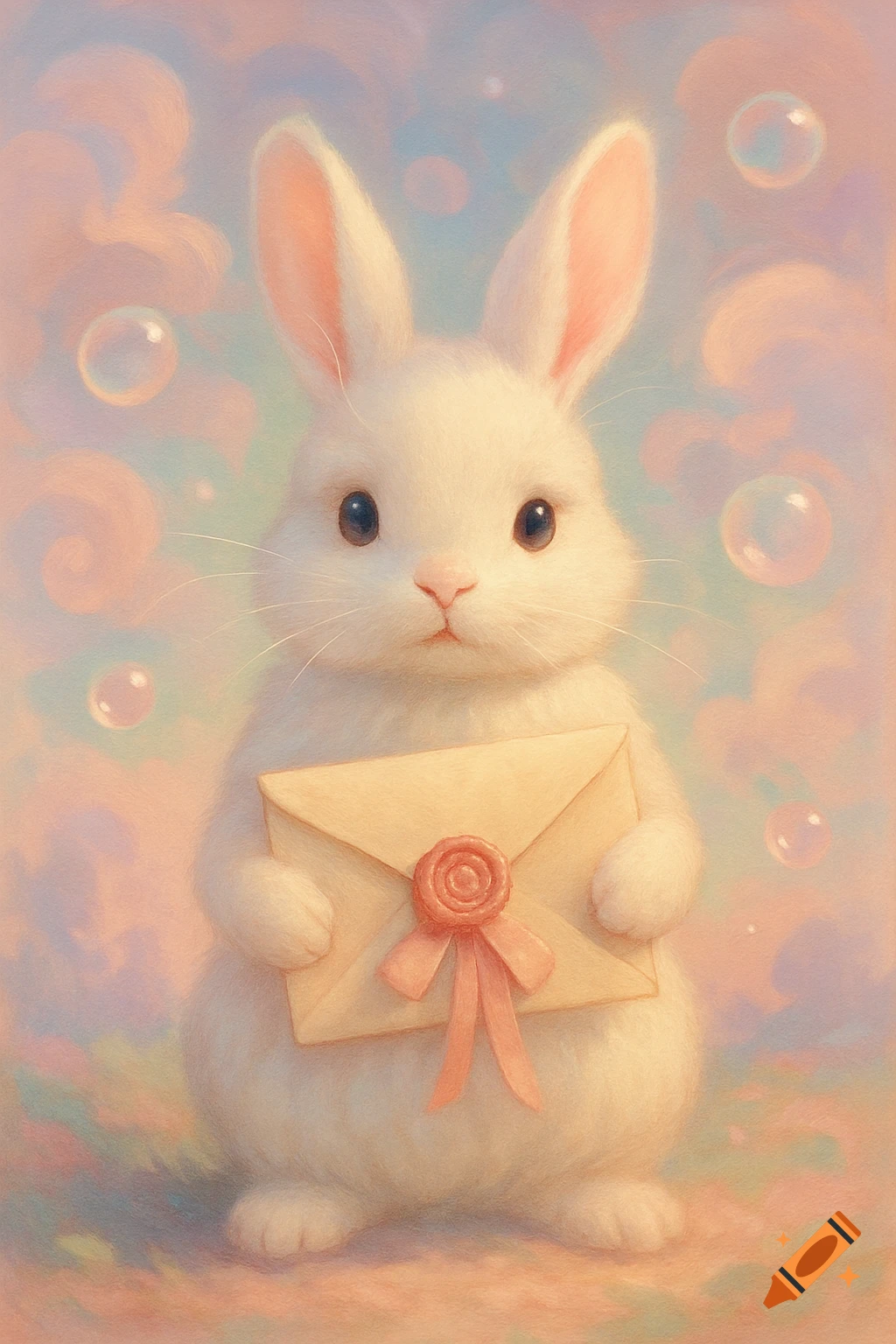 A fluffy white rabbit holds a letter with a wax seal and pink ribbon, set against a dreamy pastel background with bubbles in a whimsical style.