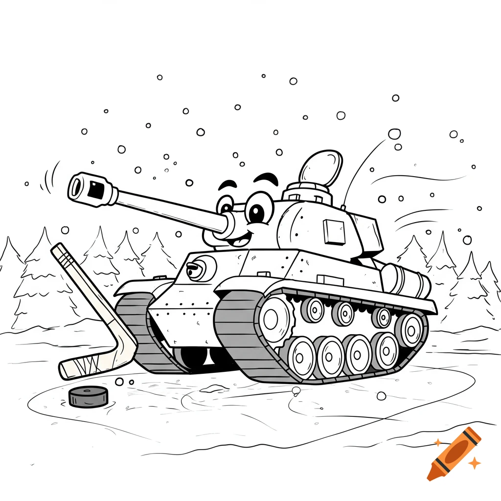 A happy cartoon tank playing hockey with its cannon, holding a hockey stick and puck on a snowy rink with pine trees, in line art.