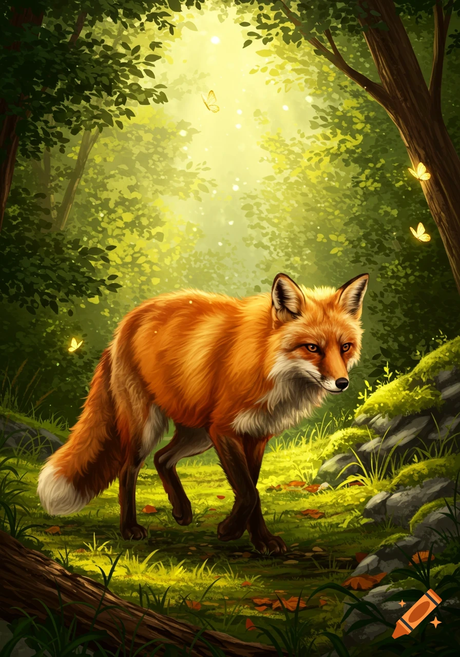A red fox with a white chest walks through a sunlit, vibrant green forest with butterflies.
