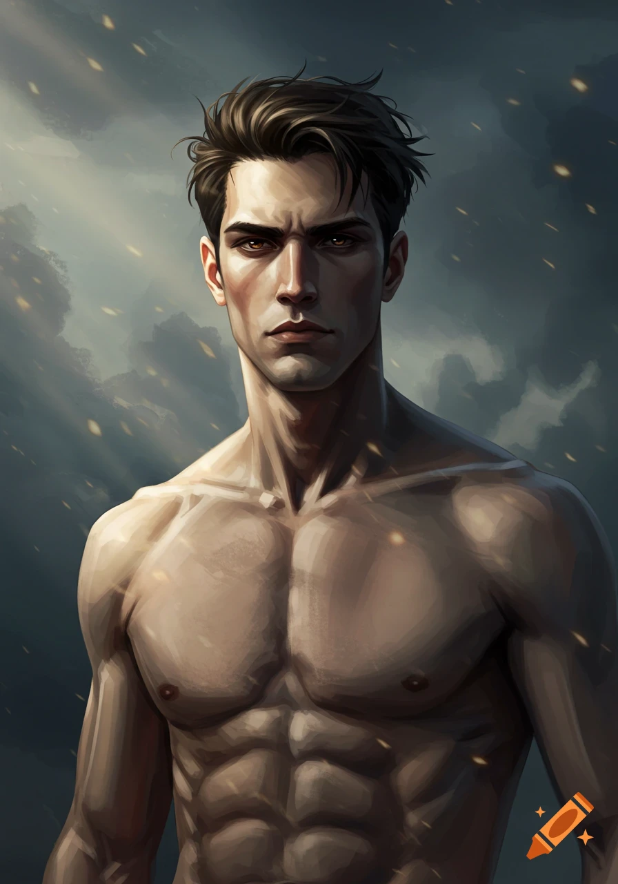 A stylized digital painting of a shirtless, muscular man with dark hair, a sharp jawline, and a stern expression, against a dark, sparkling sky.