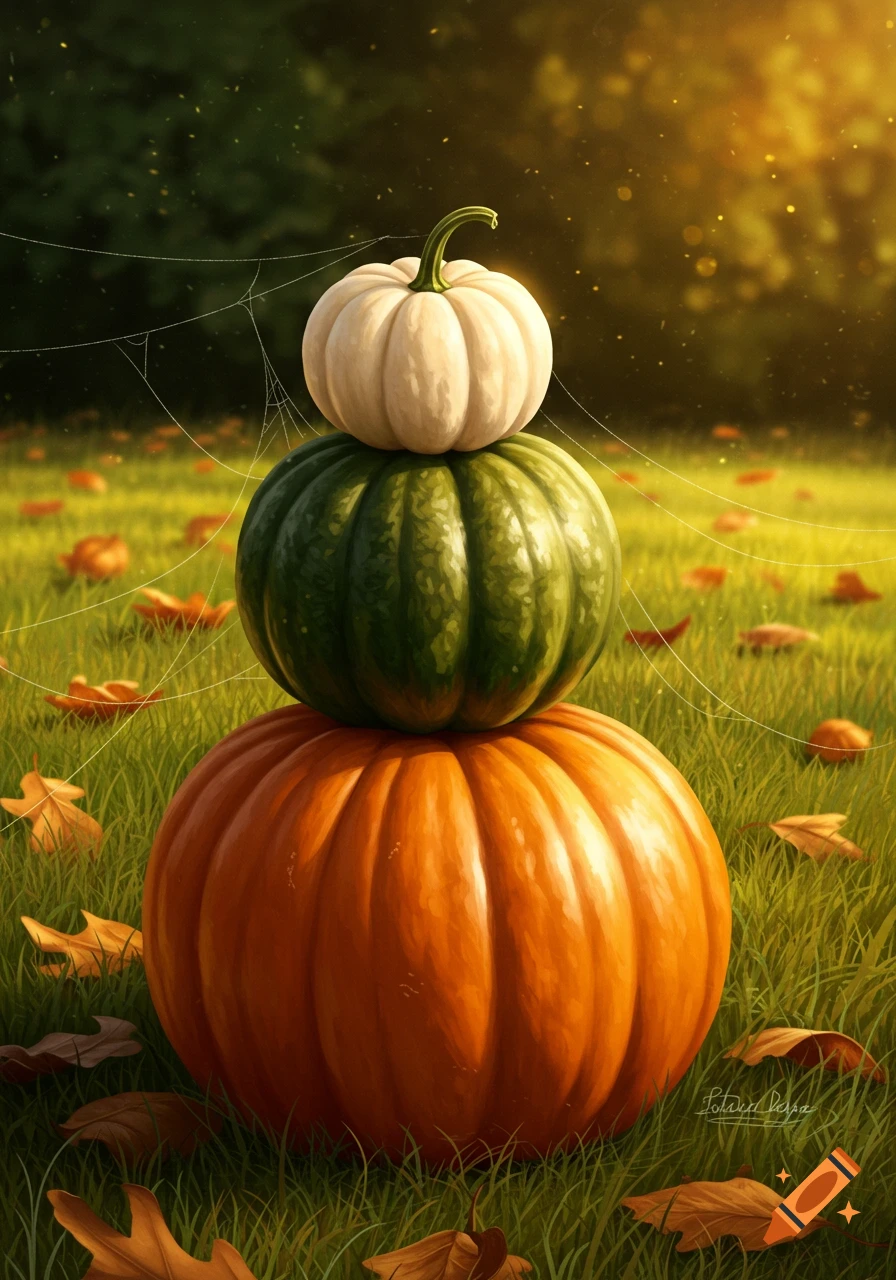 A white pumpkin stacked on a green pumpkin, which is stacked on a large orange pumpkin, in a sunlit grassy field with autumn leaves and faint spiderwebs.