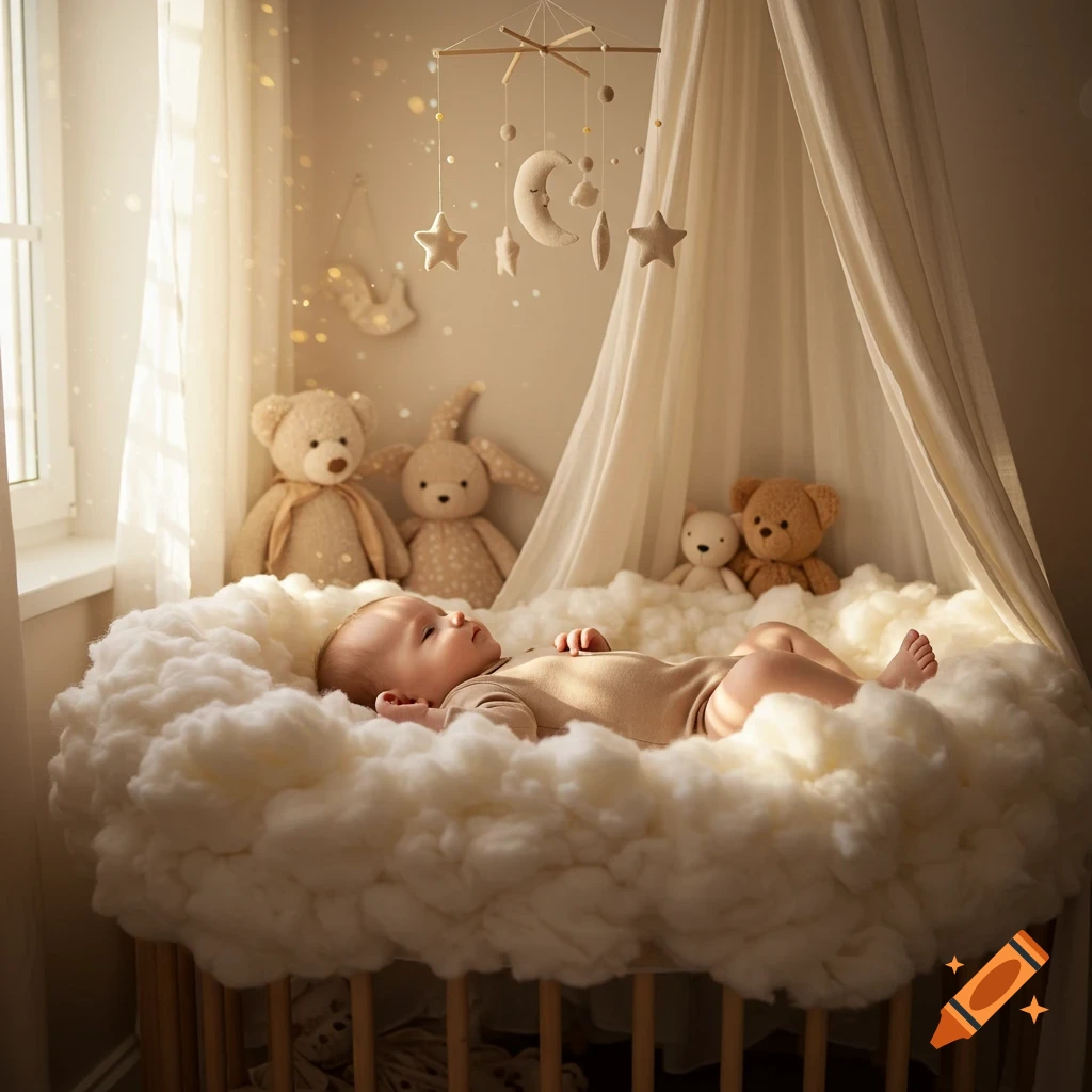A baby lies in a cloud-like crib with a mobile and stuffed animals in a warm, sunlit nursery.