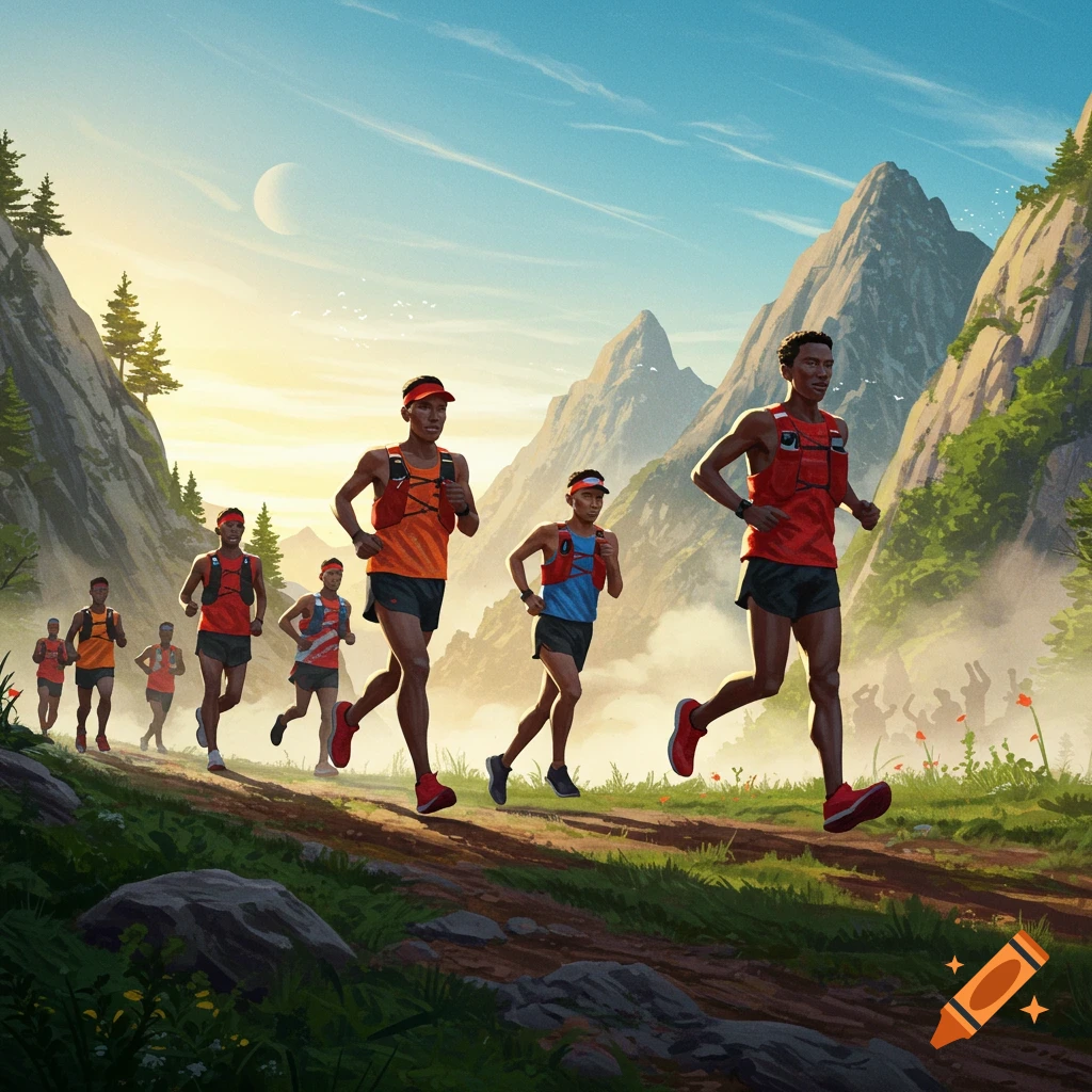 Illustration of male runners racing on a mountain trail under a bright sky with mountains and trees in the background.