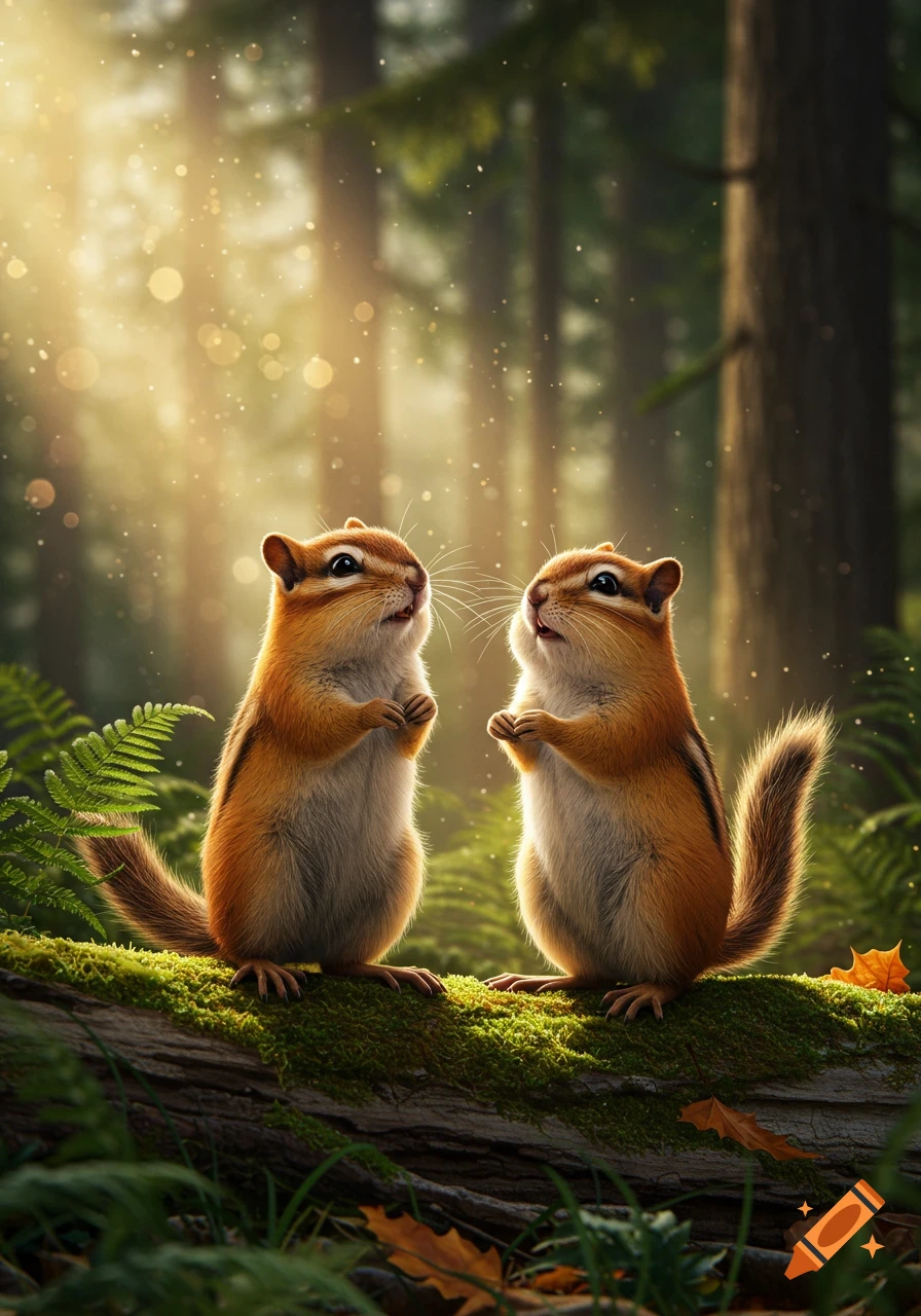 Two photorealistic chipmunks stand on a mossy log in a sun-dappled forest.