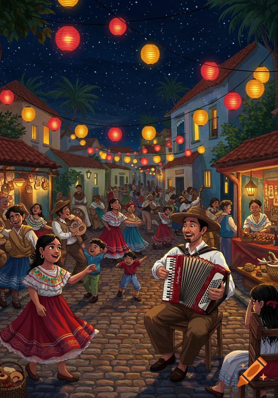A colorful illustration of a lively night festival on a cobblestone street, with people dancing, a man playing an accordion, and market stalls under glowing lanterns.
